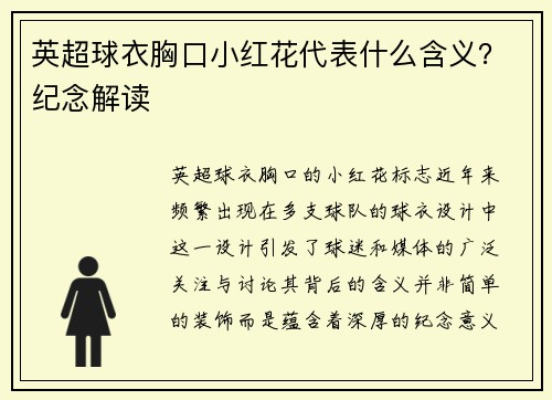 英超球衣胸口小红花代表什么含义？纪念解读