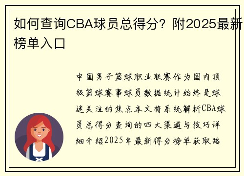 如何查询CBA球员总得分？附2025最新榜单入口